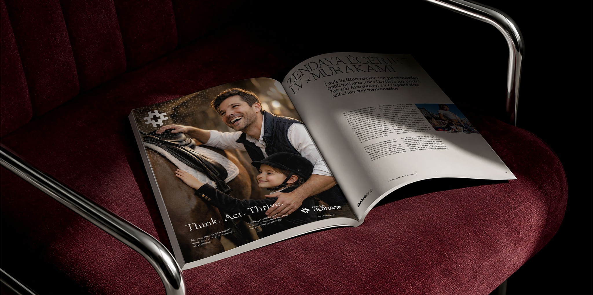 Magazine Banque Heritage ouvert sur un fauteuil de velours bordeaux