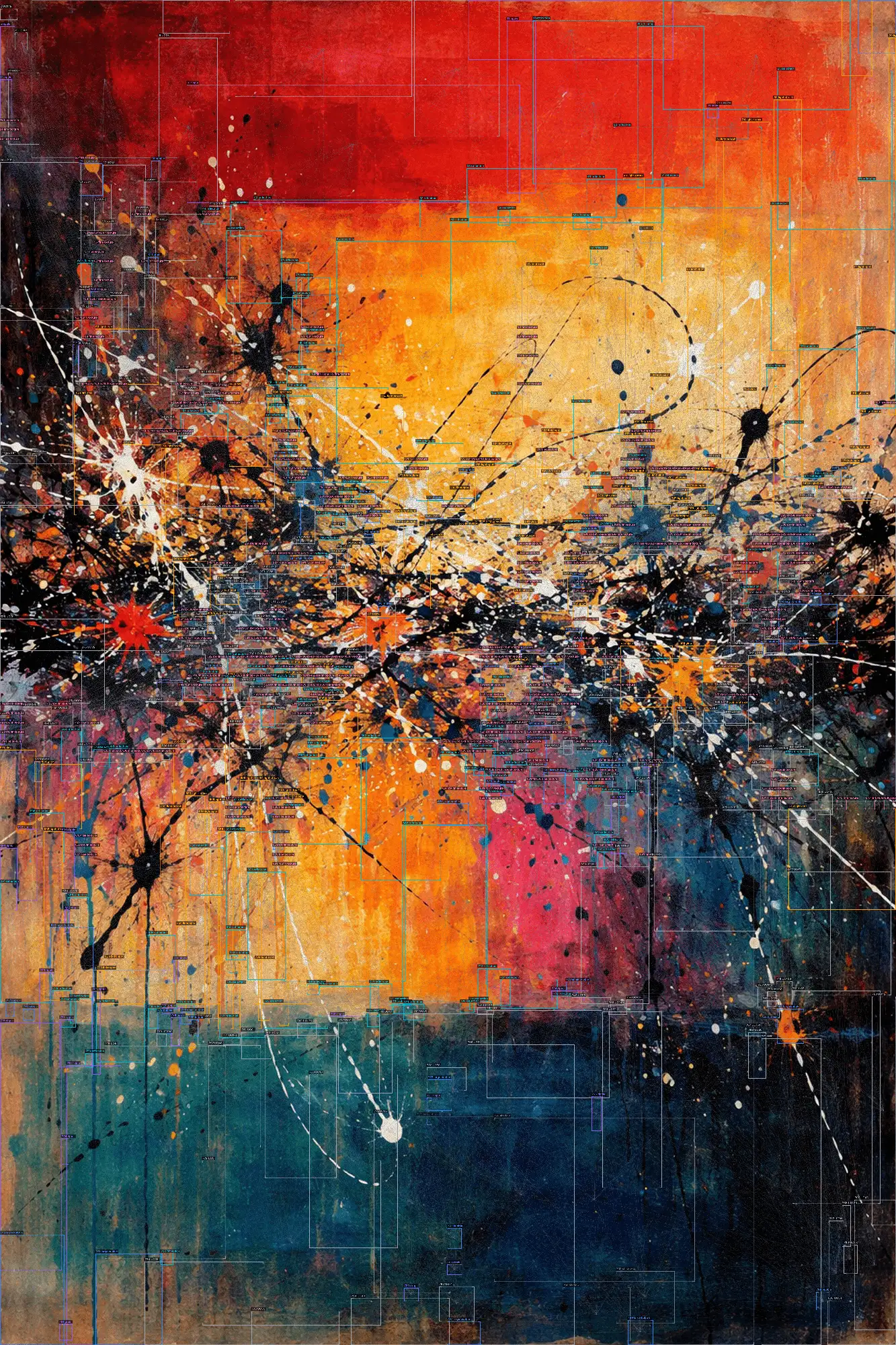 Œuvre abstraite analysée aux couleurs orange vif, turquoise et sombres